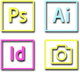 Adobe Illustrator logo, Adobe InDesign Logo, Adobe Photoshop Logo and a Camera Logo