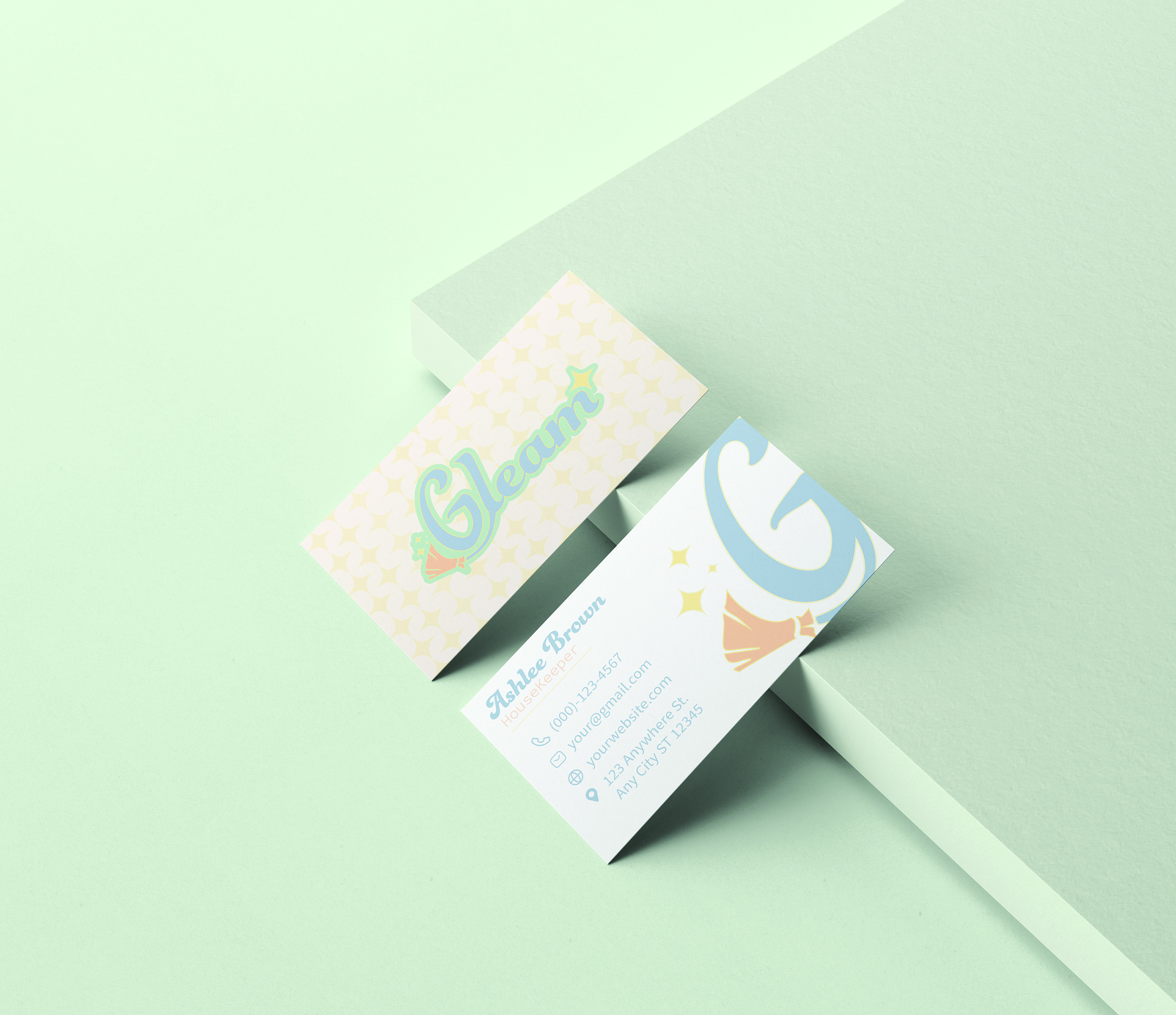 Gleam cleaning business cards and shirt.